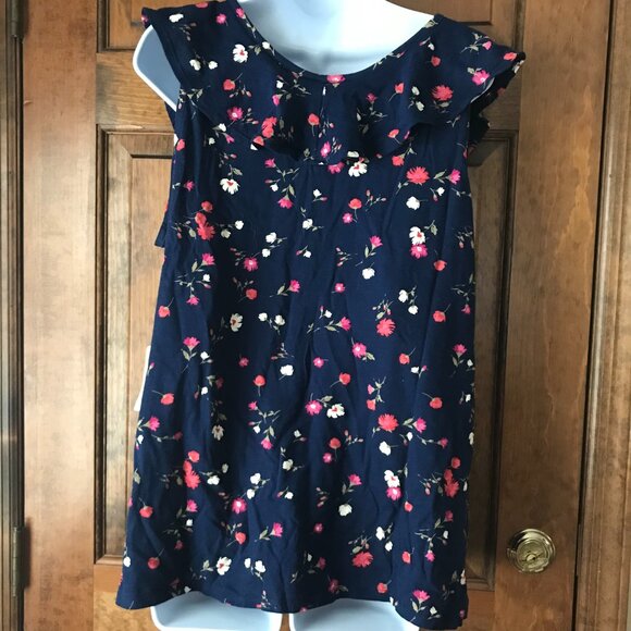 NWT St. John's Bay Navy Blue w/Pink & Ivory Flowers Sleeveless Top X-Large - Picture 8 of 11